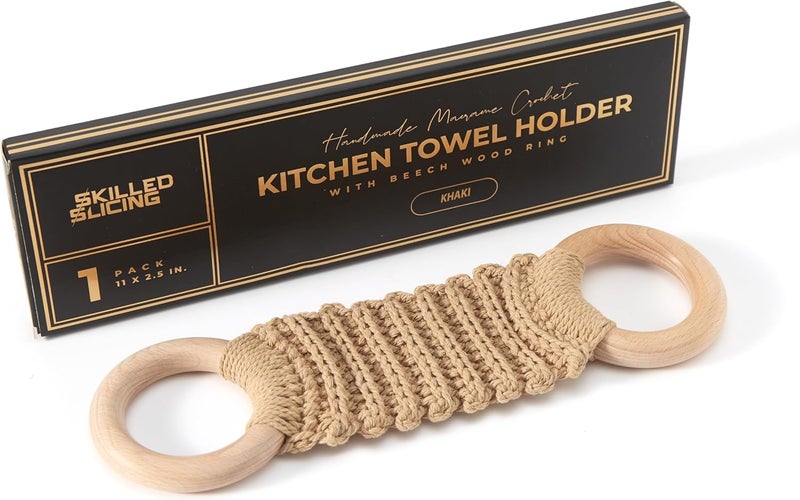 SKILLEDSLICING Handmade Crochet Dish Towel Holder for Kitchen & Bathroom - Decorative Boho Macrame Kitchen Towel Hanger Loop Ring Makes a Unique Gift for Birthday Thanksgiving Day 11 Inches (Khaki) - Image 1